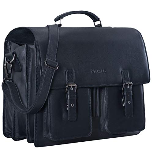 Cartable Stilord XXL  à 3 compartiments avec emplacement laptop 15,6 pouces en cuir noir