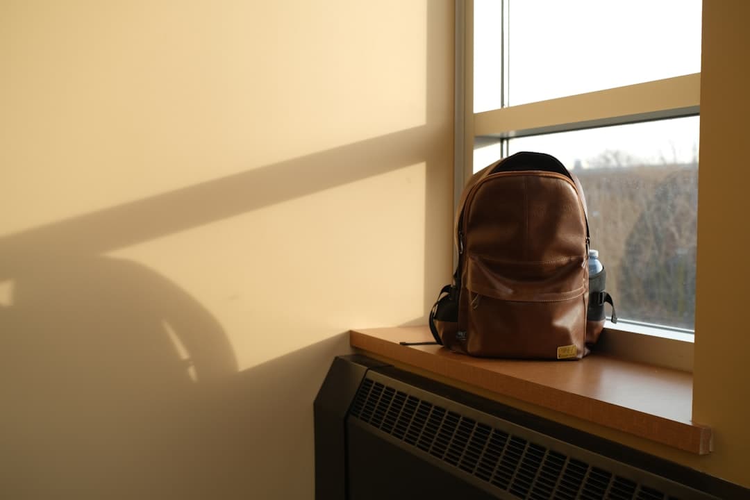 A backpack rests on a sunny window sill.