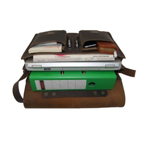 Cartable en cuir marron foncé Michelangelo, avec 2 soufflets. Idéal pour les profs qui cherchent un grand cartable solide et beau.