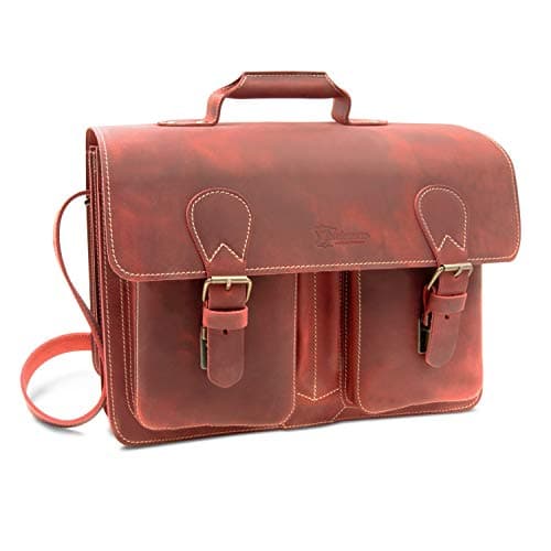 Grand Cartable cuir rouge look maîtresse d'école, cartable cuir à 2 soufflets