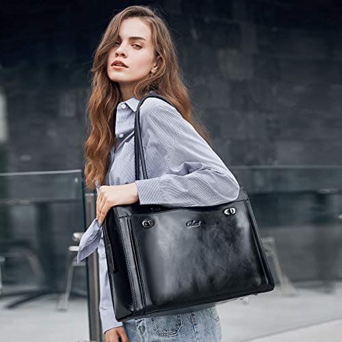 Grand sac cartable pour laptop 15 pouces Cluci pour femme en cuir ciré noir