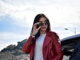 A woman standing next to a car talking on a cell phone