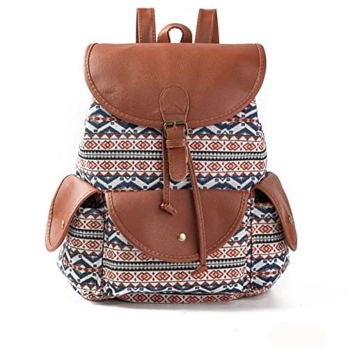Petit sac à dos chic et bohème pour femme en cuir et toile avec imprimé graphique