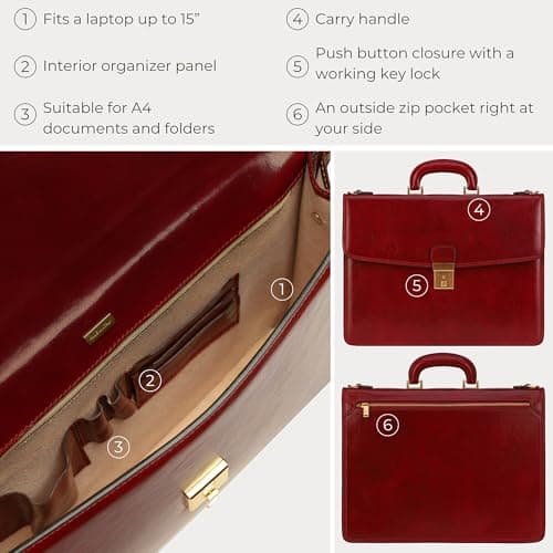 Cartable cuir rouge féminin avec compartiments laptop et organisateur