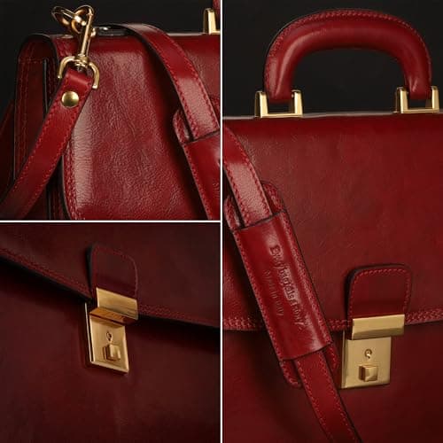 Cartable cuir rouge féminin avec poignée et fermeture dorée