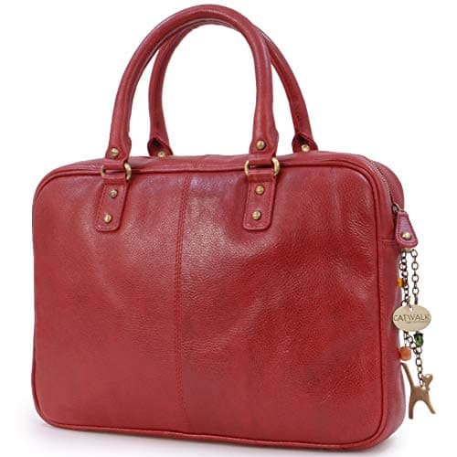 Sac cartable rouge en cuir pour femme avec poignées