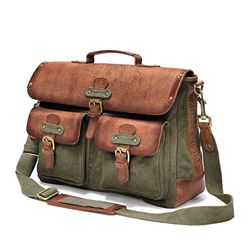 Sacoche ordinateur DRAKENSBERG  cuir de buffle pleine fleur au tannage végétal avec compartiment laptop jusqu’à 15 pouces, vert et cognac pour homme