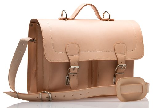 Cartable durable en cuir couleur beige naturel, Uberbag, avec poches symétriques et fermoirs tuck.