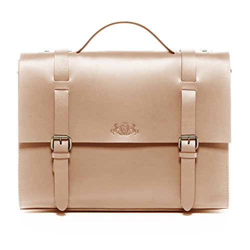 Cartable bandoulière en cuir beige XL épuré Sid Vain pour femme, pour 15 pouces