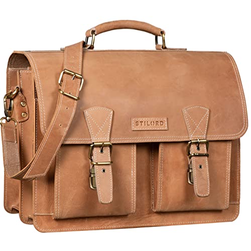 Cartable cuir pour prof avec 2 poches jumelles Stilord marron clair