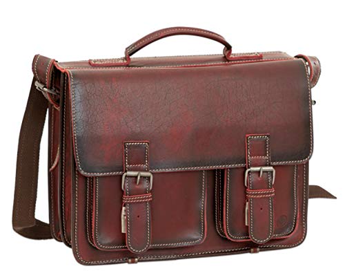 Cartable cuir rouge XL Greenburry pour femme, Tannage végétal avec poches asymétriques