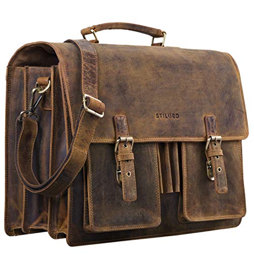 Cartable Stilord XXL  à 3 compartiments avec emplacement laptop 15,6 pouces en cuir marron vintage adaptable sur valise trolley