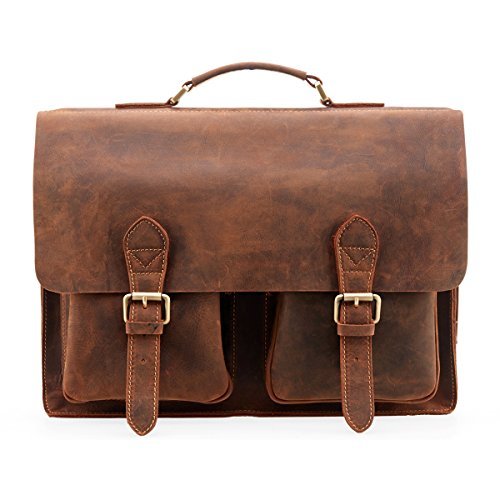 Cartable en cuir marron vintage avec compartiment ordinateur rembourré 15 pouces, idéal pour les profs qui utilisent un ordinateur et une clé USB plutôt que des classeurs papier.