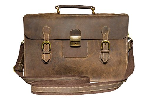 Cartable Menphis en cuir huilé de buffle souple épais avec tannage végétal couleur marron Vintage, fabrication artisanale.