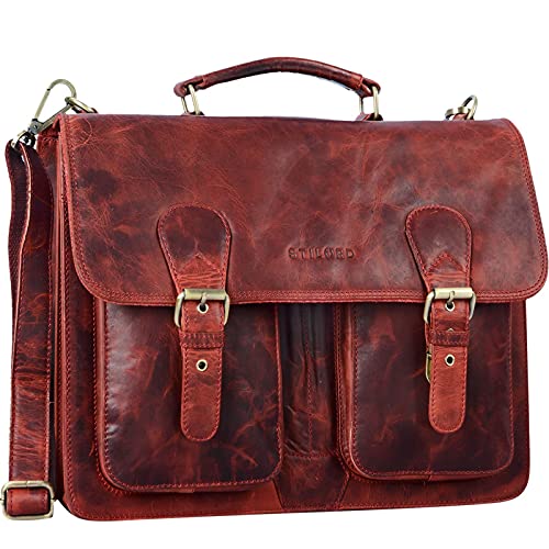 Grand cartable cuir rouge antique look maîtresse d'école, cartable cuir à 2 soufflets Stilord