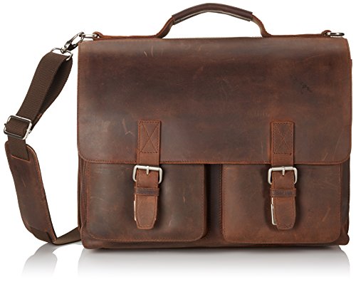 Beau cartable XXL en cuir Vintage Leonhard Heyden avec compartiment laptop avec 3 soufflets, parfait pour les profs, doté de fermoirs tuck et bandoulière amovible.