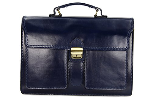 Cartable XXL féminin en cuir bleu nuit, dimensions 40 x 30 x 14 cm. Fabriqué en Italie