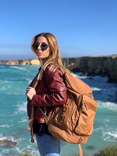 Grand sac à dos Evervanz en toile camel avec détails cuir au look de barroudeur avec compartiment laptop