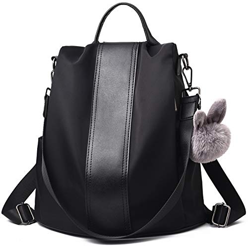 Sac cartable nylon noir pour femme avec pompon