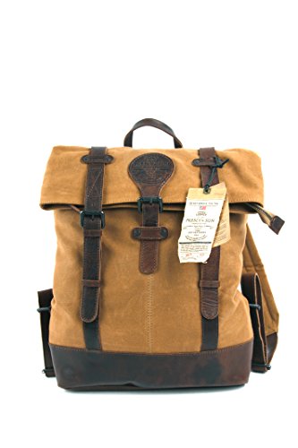 Sac à dos en cuir et toile canvas, solide et urbain, avec compartiment rembourré pour Laptop, couleur cognac et marron, Presly & Sun