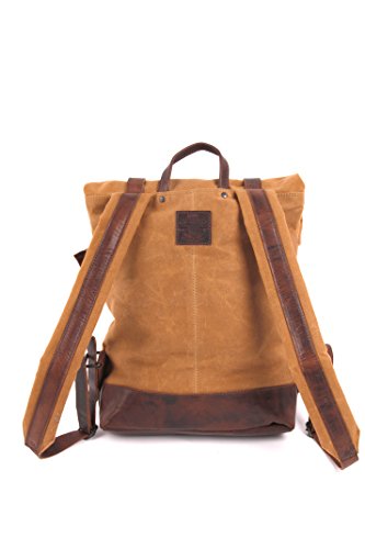 Bretelles bi-matière rembourrées et ajustables du sac à dos masculin en cuir et toile canvas, solide et urbain, avec compartiment rembourré pour Laptop, couleur cognac et marron, Presly & Sun