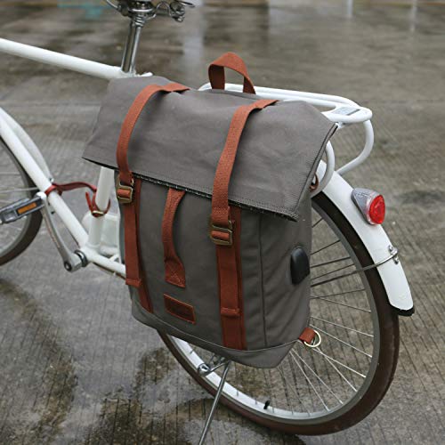 Sac à dos en toile imperméable qui se fixe sur le vélo, gris et imperméable esprit rétro, avec compartiment ordinateur