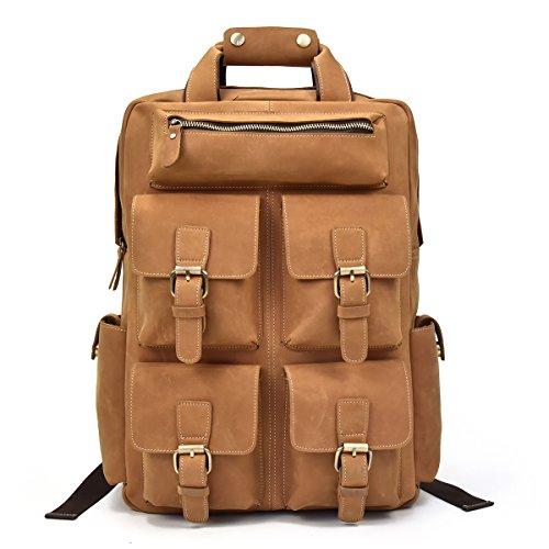 Sac à dos pour homme multipoche en cuir de vachette marron clair avec emplacement laptop