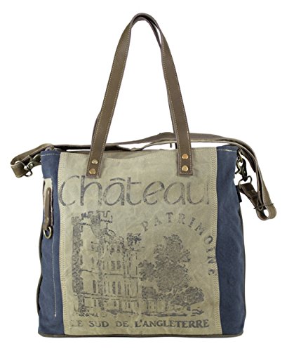 Grand sac cabas Sunsa cuir et canevas ultra résistante original et vintage, fonctionnel et polyvalent, idéal pour porter des objets lourds, pour femme en toile militaire recyclée