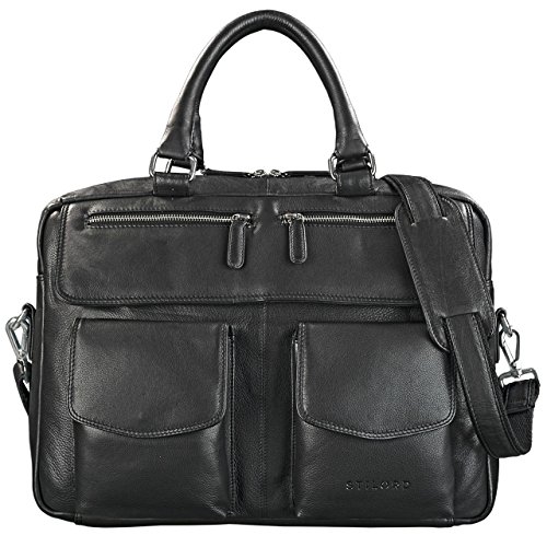 Sac ordinateur avec bandoulière en cuir noir Stilord avec poches jumelles