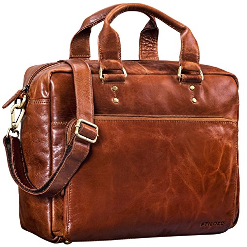 Sac ordinateur business avec bandoulière en cuir marron cognac Stilord