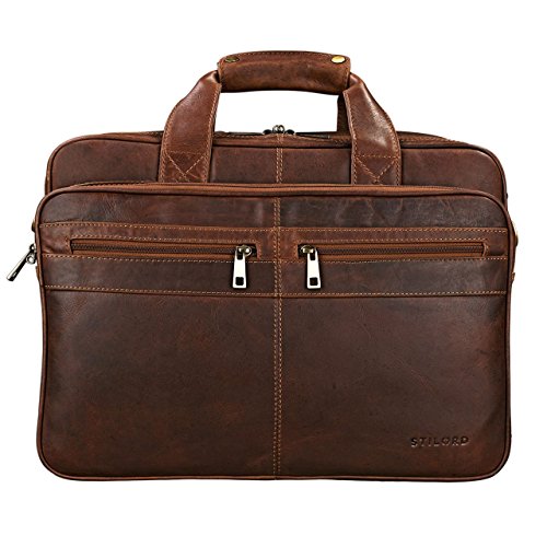 Sac ordinateur business avec bandoulière en cuir marron Stilord avec passants valise large capacité