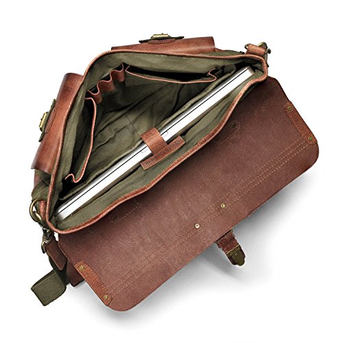 Intérieur soigné et bien organisé avec ces pochettes pratiques, son porte stylo et son emplacement pour ordinateur. Sac de ville DRAKENSBERG  en cuir et toile vert et cognac.