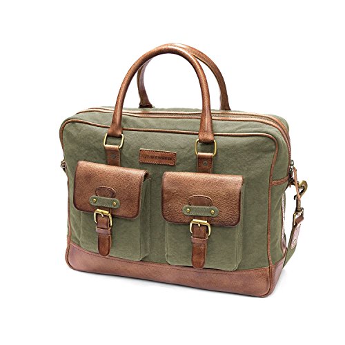 Sacoche ordinateur DRAKENSBERG pour prof ou pour professionnel en cuir et toile, vert et cognac, esprit vintage et old school.