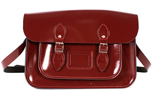 sac cartable satchel cuir rouge bordeaux brillant vernis, Oxbridgfe satchel, look étudiante ou lycéenne, sac de ville femme, 35X10X23 cm