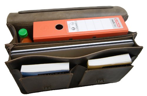Ce cartable en cuir rétro à 2 soufflets offre une grande capacité, capacité augmentée par les 2 poches jumelles avant.