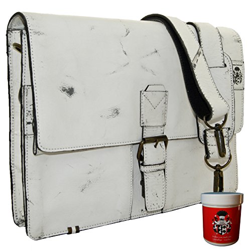 Cartable cuir à 2 soufflets en cuir blanc vraiment original et hors norme. Signé Baron de Maltzahn. Cartable blanc à 2 soufflets.
