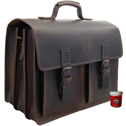 Cartable XXL en cuir pour enseignant chercheur chargé. Spacieux volume augmenté par les larges poches jumelles sur la devanture. Baron de Maltzahn, cartable Einstein