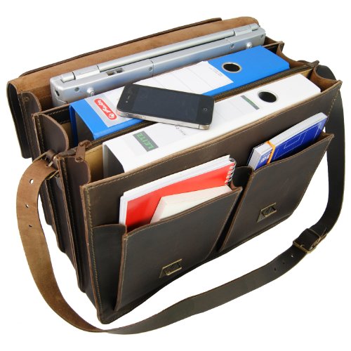 Impressionnante capacité pour ce cartable XXL en cuir pour professeur chargé. Spacieux volume augmenté par les larges poches jumelles sur la devanture. Baron de Maltzahn, cartable Einstein