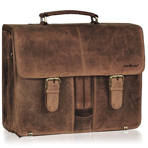 Le cartable avec bandoulière Greenburry en cuir marron tabac, de dimensions 40cm x 16cm x 32cm pour professeur, cartable vintage classique à 2 soufflets cuir, fermoirs tuck. Espace intérieur soigné et organisé.Cartable à 2 soufflets en cuir marron.