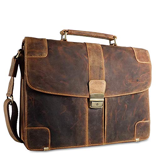 Sacoche serviette en cuir Greenburry intemporelle en cuir marron foncé vintage, pour homme ou pour femme, bandoulière amovible, fermoir tuck, chaque objet trouve sa place. 40cm x 13cm x 33cm. Il peut accueillir des documents format A4. Idéal comme sac de travail ou de cours. Sacoche appréciée des profs peu chargés en poids. 38.5cm x 10cm x 31cm