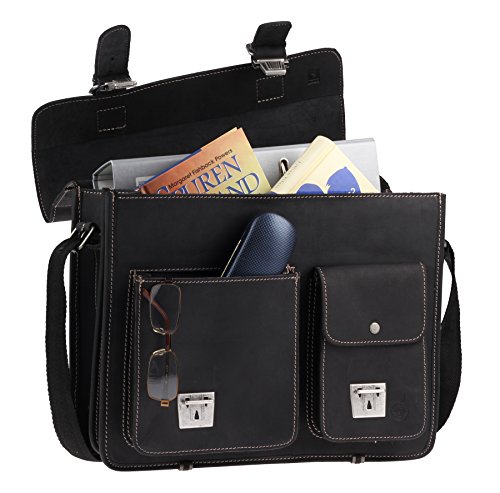 Belle capacité pour ce grand cartable cuir XXL à 2 soufflets, Greenburry. Cartable cuir noir pour enseignants avec bandoulière amovible à épaulette cuir. Poches sur la devanture du cartable cuir asymétriques. Cartable cuir rétro style écolier favori des professeurs chargés. Cartable à 2 soufflets noir .