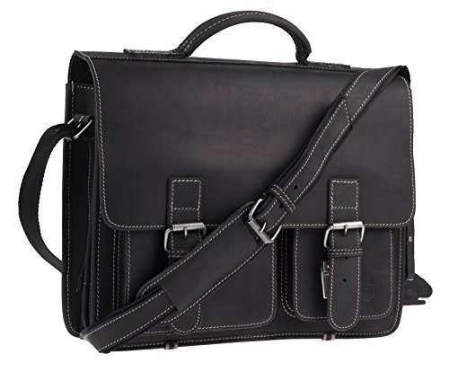 Cartable cuir XXL à 2 soufflets, Greenburry. Cartable cuir noir pour enseignants avec bandoulière amovible à épaulette cuir. Poches sur la devanture du cartable cuir asymétriques. Cartable cuir rétro style écolier favori des professeurs chargés. Cartable noir à 2 soufflets .