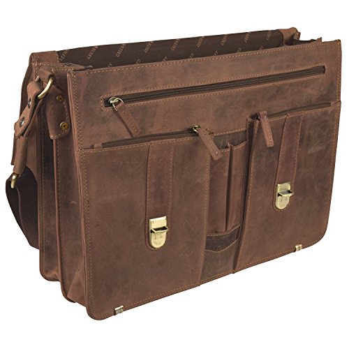 Cartable sac ordinateur pour enseignant, en cuir Vintage, look rétro, grande capacité. fermoirs clics et fermeture éclair. Cartable à 2 soufflets marron en cuir .
