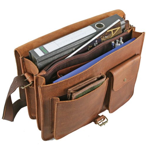 Cartable à 2 soufflets marron en cuir. Belle capacité pour ce sac ordinateur cartable pour enseignant, en cuir Vintage, look rétro, grande capacité. Fermoirs clics et fermeture éclair. 16 x 42 x 38 cm