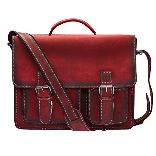 Cartable en cuir Greenburry rouge avec poches asymétriques. Cartable durable en cuir naturel qui respecte l'environnement. Grand cartable cuir prof.