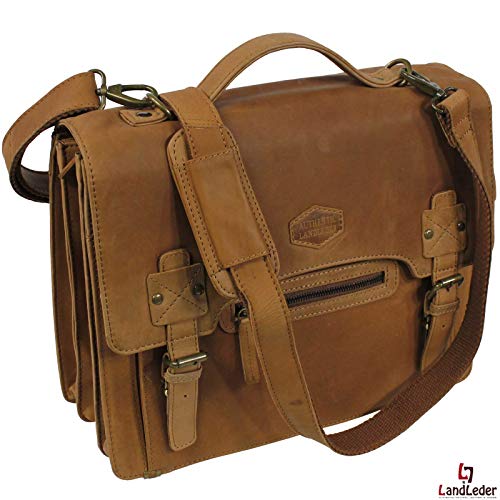 Cartable XXL Landleder en cuir de vachette à l'aspect satiné et son look old school. Grand cartable en cuir Vintage avec compartiment pour laptop rembourré. Environ 240 euros. Dimensions 38 cm x hauteur 36 cm x profondeur 14 cm. Ce grand cartable convient aux hommes comme aux femmes.