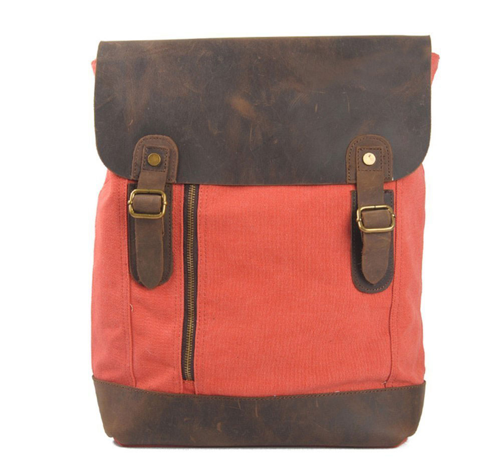 Sac à dos cuir et canevas pour femme marron et corail, look vintage et original