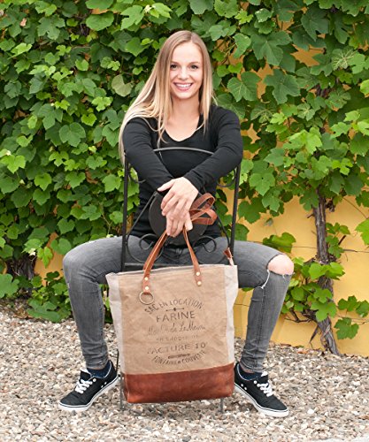 Grand sac cabas Sunsa cuir et canevas ultra résistante original et vintage, fonctionnel et polyvalent, idéal pour porter des objets lourds, pour femme en toile militaire recyclée