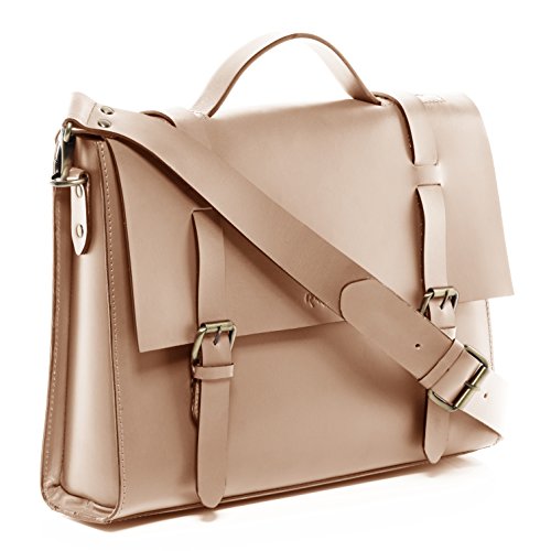 Cartable Sid & Vain en cuir beige unisexe avec compartiment laptop, serviette beige en cuir avec bandoulière pour laptop pour femme enseignante