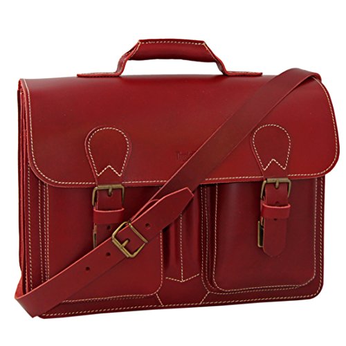 Cartable en cuir rouge épais à 2 soufflets, fabrication allemande, idéale pour les maîtresses d'école, les enseignantes ou les femmes ayant besoin d'un solide porte-document. Cartable cuir rouge Thielemann